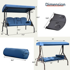 3-Seat Outdoor Porch Swing Chair with Adjustable Canopy, 2 Foldable Side Trays, 3 Cushions & 2 Pillows, Blue