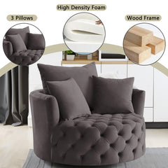 NOBLEMOOD Velvet Swivel Accent Barrel Chair with Button Tuefted and 3 Pillows for Living Room Bedroom, Grey