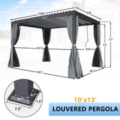 10x13ft Patio Louvered Pergola with Adjustable Roof, Curtain and Netting, Gray