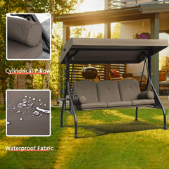 3-Seat Outdoor Porch Swing Chair with Adjustable Canopy, 2 Foldable Side Trays, 3 Cushions & 2 Pillows, Brown