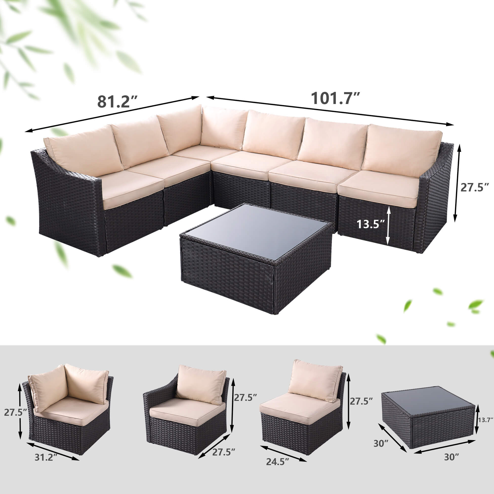 7 Pcs Outdoor Sectional Sofa with 3.14" Thick Cushions, Coffee Table, Brown Rattan