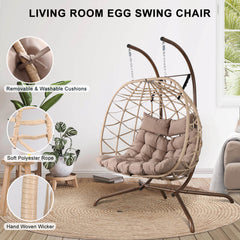 2-Person Indoor Outdoor Egg Hanging Chair with Stand, Patio Wicker Swing Egg Chair with Cushions & Neck Pillows