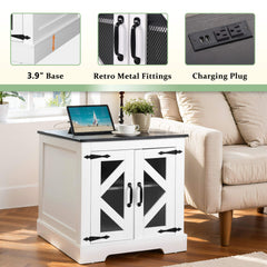 Farmhouse End Table, 24" Large Sofa Side Table with Charging Station, Mesh Barn Door, and Adjustable Storage Shelf, White