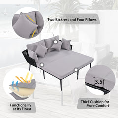 TOPMAX Outdoor Patio Daybed, Woven Nylon Rope Backrest with Washable Cushions for Balcony, Poolside, Set for 2 Person, Gray