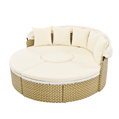 Outdoor Sectional Sofa Set Rattan Daybed with Retractable Canopy, Separate Seating and Cushion, Beige