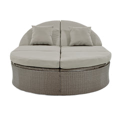 2-Person Daybed with Cushions and Pillows, Rattan Garden Reclining Chaise Lounge with Adjustable Backrests and Foldable Cup Trays, Gray