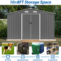 10X8 FT Outdoor Tool Storage Shed with Metal Foundation & Lockable Doors,  All Weather Metal Sheds for Garden, Patio, Backyard, Lawn, Gray