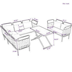 5-Piece Modern Patio Sectional Sofa Set Outdoor Woven Rope Furniture Set with Glass Table and Cushions, Gray+Beige