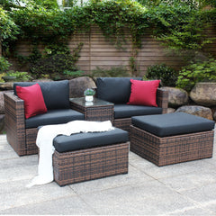 5 Pieces Outdoor Wicker Sectional Conversation Sofa Set with Black Cushions and Red Pillows,w/ Furniture Protection Cover
