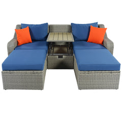 3-Piece Patio Wicker Sofa with Cushions, Pillows, Ottomans and Lift Top Coffee Table