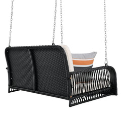 PE Wicker Porch Swing, 2-Seater Hanging Bench With Chains, Cushion