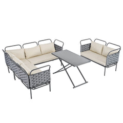 5-Piece Modern Patio Sectional Sofa Set Outdoor Woven Rope Furniture Set with Glass Table and Cushions, Gray+Beige