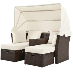 2-Seater Outdoor Double Daybed Patio Loveseat Sofa Set with Foldable Awning and Cushions, Beige