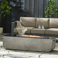 56" Outdoor Patio Concrete Fire table, Rectangle Gas Burning Fire Pit - 50, 000 BTU, Light Grey + Black Top (Tank Cover not Included)