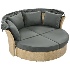 Outdoor Patio Daybed Wicker Rattan Double Daybed Round Sofa Furniture Set with Retractable Canopy, 4 Pillows for Lawn Garden Backyard Porch Pool, Grey