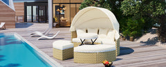 Outdoor Sectional Sofa Set Rattan Daybed with Retractable Canopy, Separate Seating and Cushion, Beige