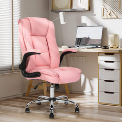 Office Chair Pink Executive Chair PU Leather Home Desk Chair with Flip-up Armrests High Back Ergonomic Swivel Chair with Wheels