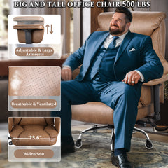500lbs Big and Tall Office Chair for Heavy People, Heavy Duty Ergonomic Office Chair with Adjustable Lumbar Support and Wide Seat, Brown