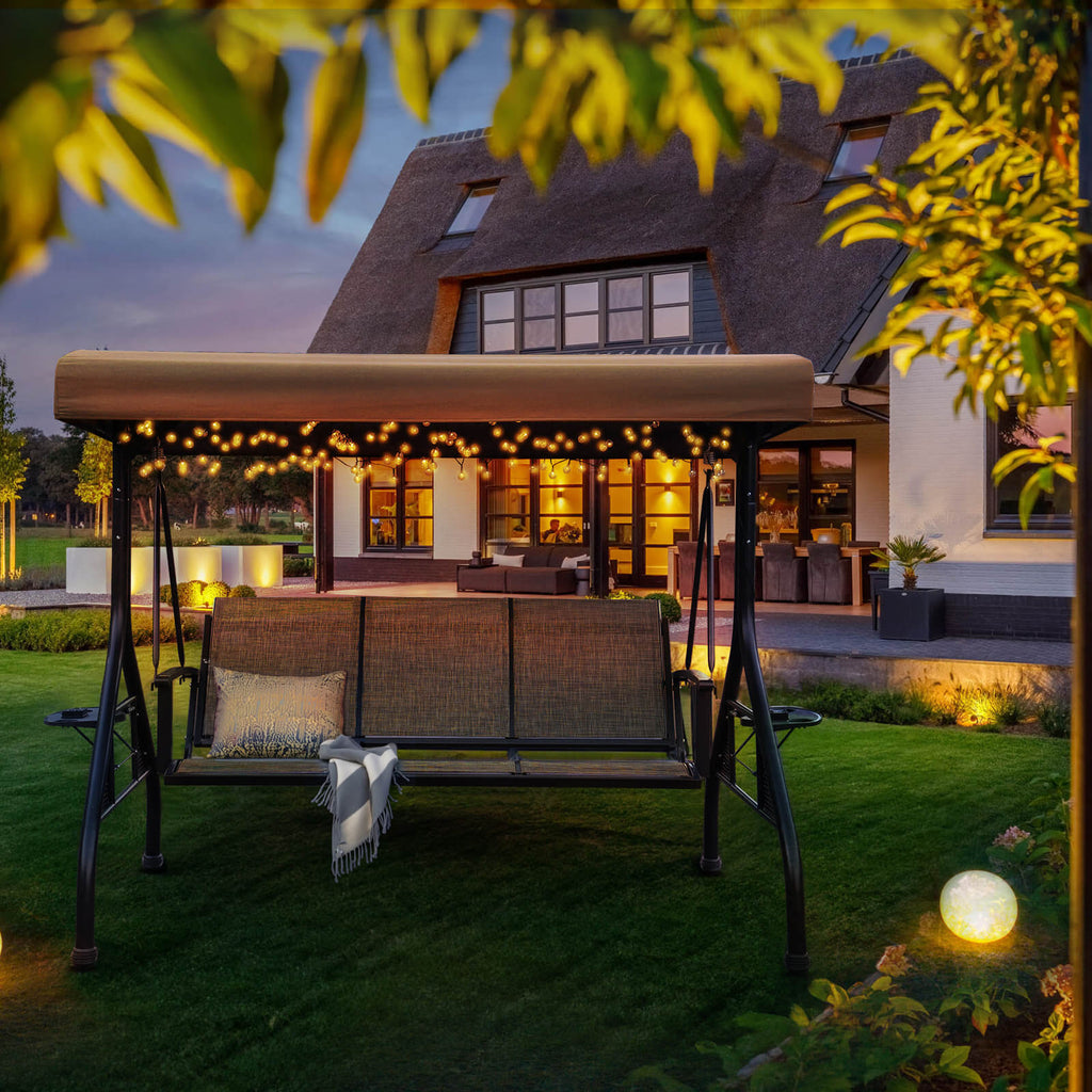 Patio Porch Swings with Adjustable Canopy, 3Person Textline Seat, 2 F