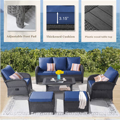 6 Pieces Patio Furniture Set w/ Reclining Chairs, Outdoor Sectional Rattan Conversation Set w/ Ottoman, Coffee Table, Furniture Cover & Blue Cushions