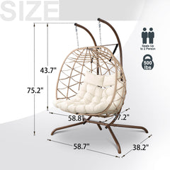 2-Person Indoor Outdoor Egg Hanging Chair with Stand, Patio Wicker Swing Egg Chair with Cushions & Neck Pillows