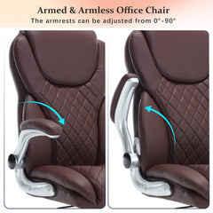 Ergonomic Office Chair with Flip-up Armrests and Wheels, Leather Rocking Executive Office Chair with Spring Box Seat Cushion, Brown