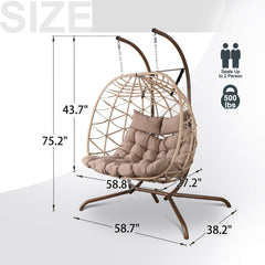 2-Person Indoor Outdoor Egg Hanging Chair with Stand, Patio Wicker Swing Egg Chair with Cushions & Neck Pillows