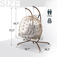 2-Person Indoor Outdoor Egg Hanging Chair with Stand, Patio Wicker Swing Egg Chair with Cushions & Neck Pillows