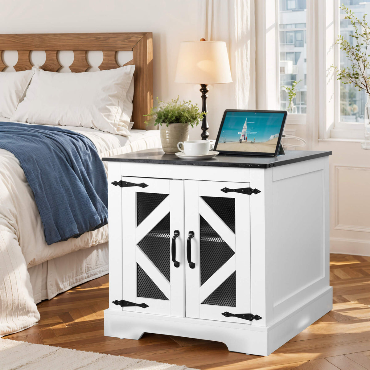 Farmhouse End Table, 24" Large Sofa Side Table with Charging Station, Mesh Barn Door, and Adjustable Storage Shelf, White