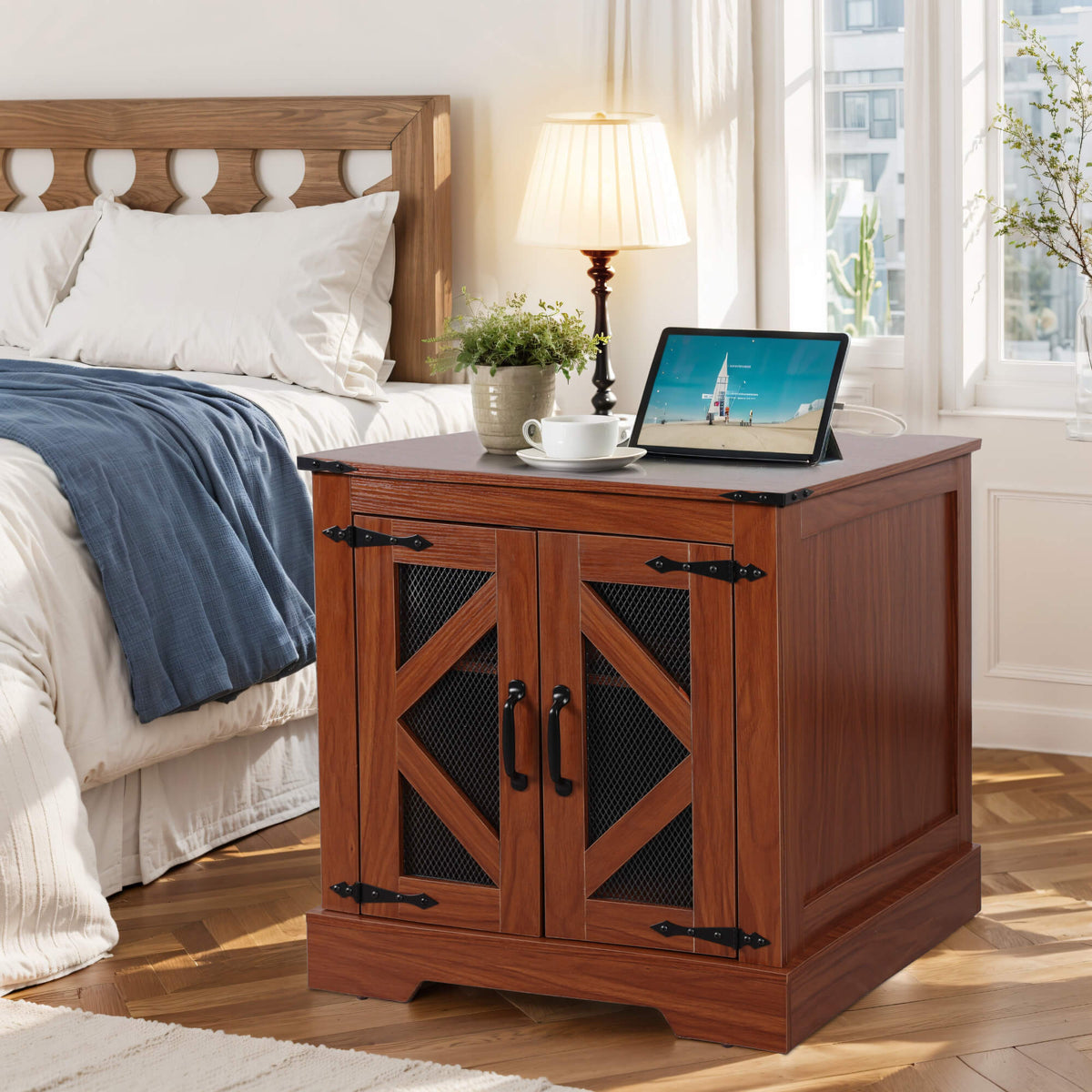 Farmhouse End Table, 24" Large Sofa Side Table with Charging Station, Mesh Barn Door, and Adjustable Storage Shelf, Brown