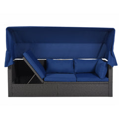 Outdoor Sectional Daybed with Retractable Canopy, Blue Cushions, Lifttop Coffee Table