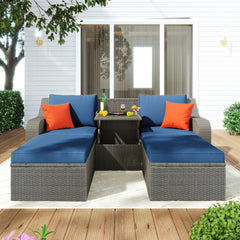 3-Piece Patio Wicker Sofa with Cushions, Pillows, Ottomans and Lift Top Coffee Table