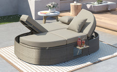 2-Person Daybed with Cushions and Pillows, Rattan Garden Reclining Chaise Lounge with Adjustable Backrests and Foldable Cup Trays, Gray