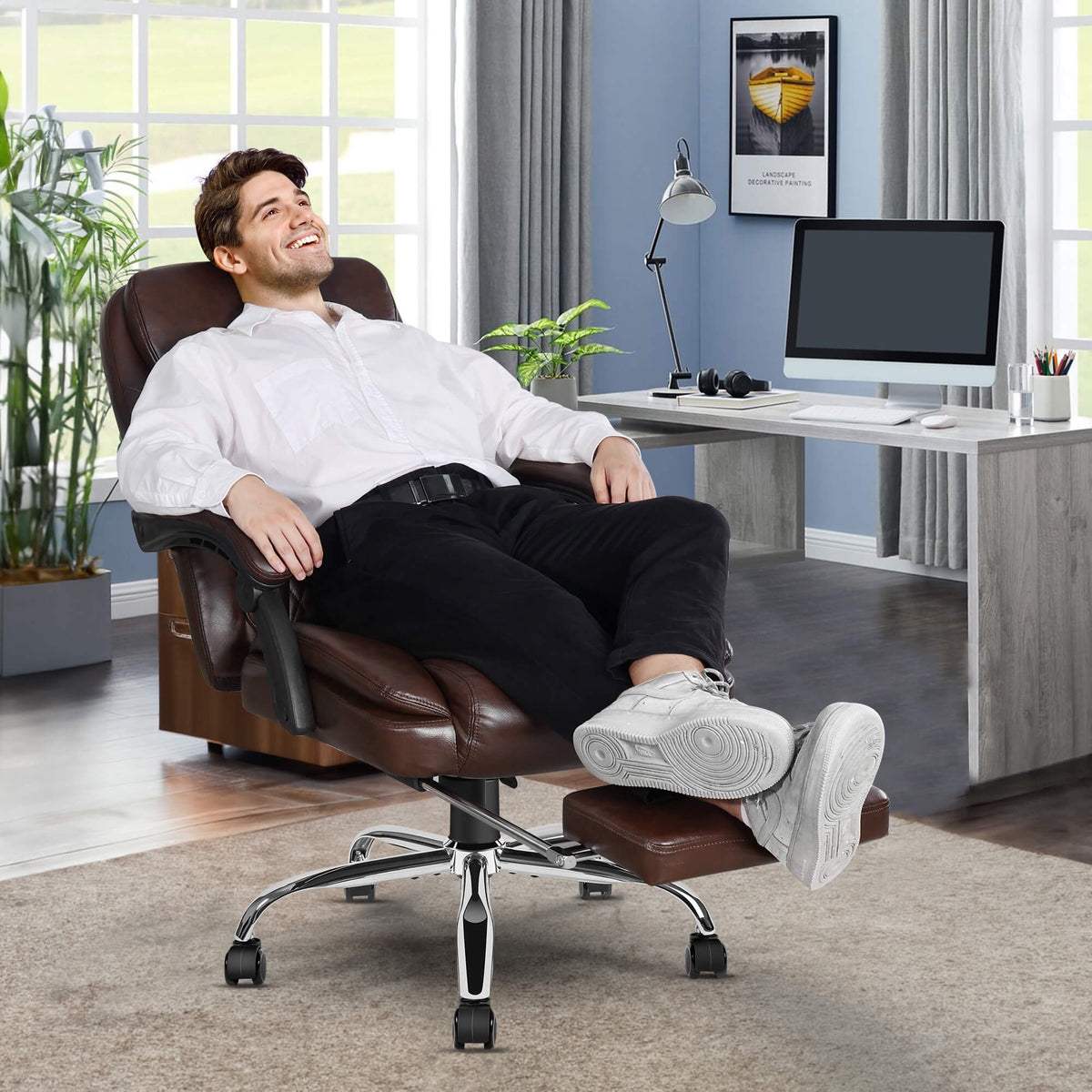 6-Point Massage Office Chairs with Heating, Reclining Backrest, Retractable Footrest, Brown
