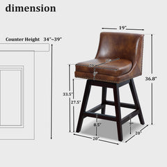 26” Counter Height Bar Stools Set of 2, Upholstered Island Chairs Stool Bar Chairs with 360° Swivel, Brown Leather