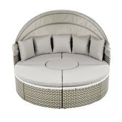 Outdoor Sectional Sofa Set Rattan Daybed Two-Tone Weave Sunbed with Retractable Canopy, Separate Seating and Removable Cushion, Gray