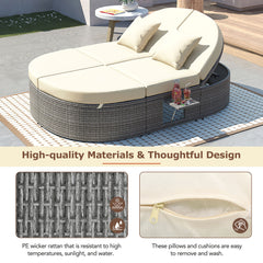 Outdoor Sun Bed Patio 2-Person Daybed with Cushions and Pillows, Rattan Reclining Chaise Lounge with Adjustable Backrests and Foldable Cup Trays, Beige