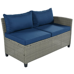 5 Piece Outdoor Sectional Sofa with Coffee Table, Blue Cushions