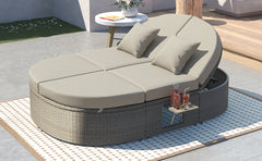 2-Person Daybed with Cushions and Pillows, Rattan Garden Reclining Chaise Lounge with Adjustable Backrests and Foldable Cup Trays, Gray