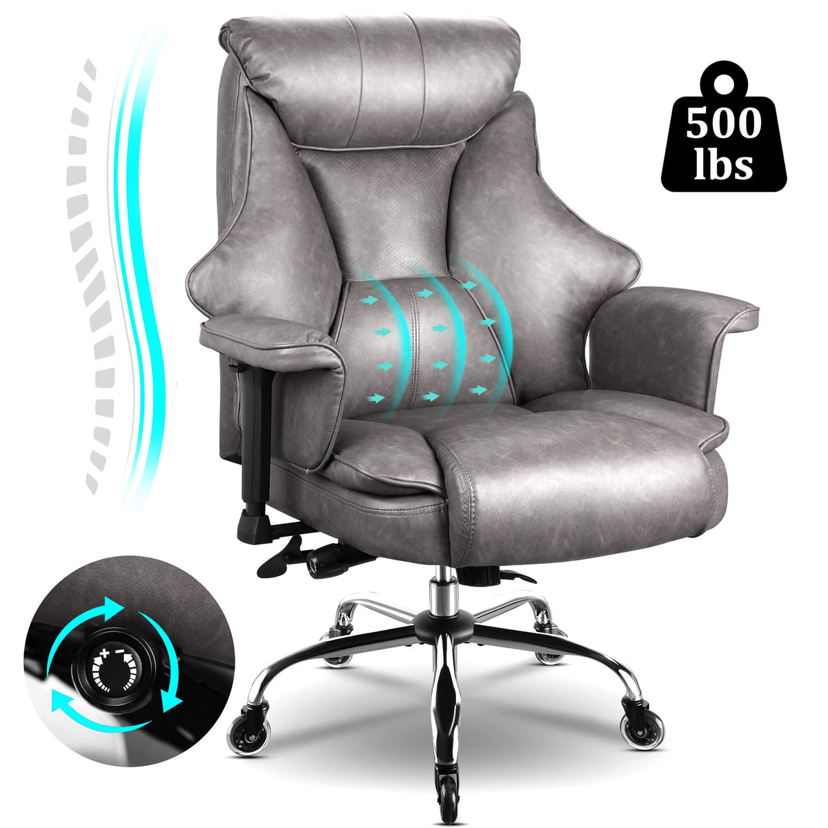 Big and Tall Office Chair 500lbs for Heavy People with Quiet Rubber Wheels, Adjustable Lumbar Support