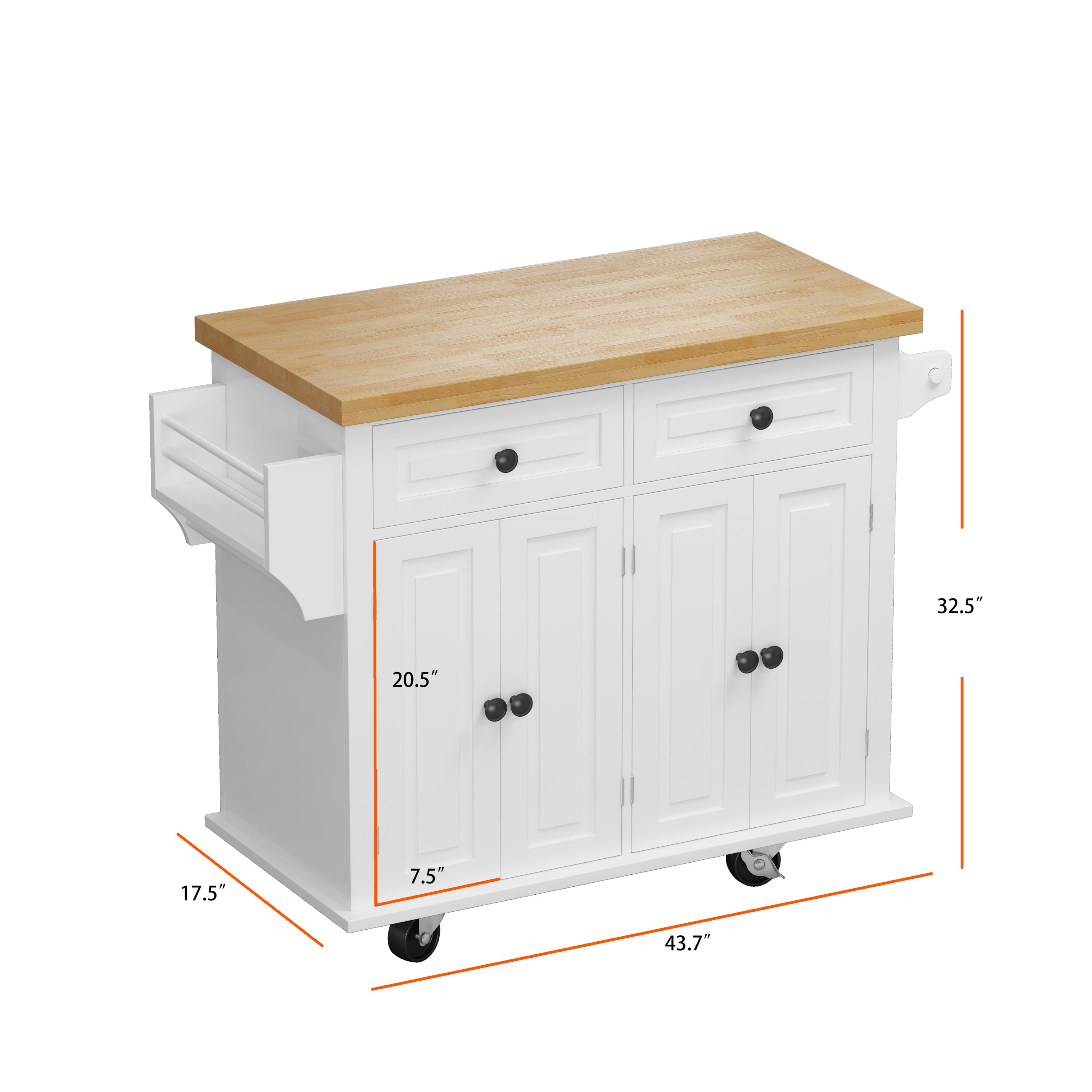43.31" Kitchen Island Cart with 2 Storage Cabinets, 2 Locking Wheels, 4 Door Cabinets, 2 Drawers, Spice Rack & Towel Rack (White)
