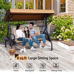 Patio Porch Swings with Adjustable Canopy, 3-Person Textline Seat, 2 Foldable Side Trays, Light Coffee