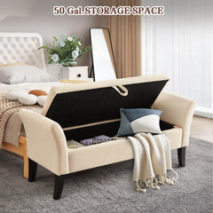 NOBLEMOOD 51.5"  Velvet End of Bed Storage Bench w/ Curved Armrests & Wood Lges for Bedroom Living Room, Beige