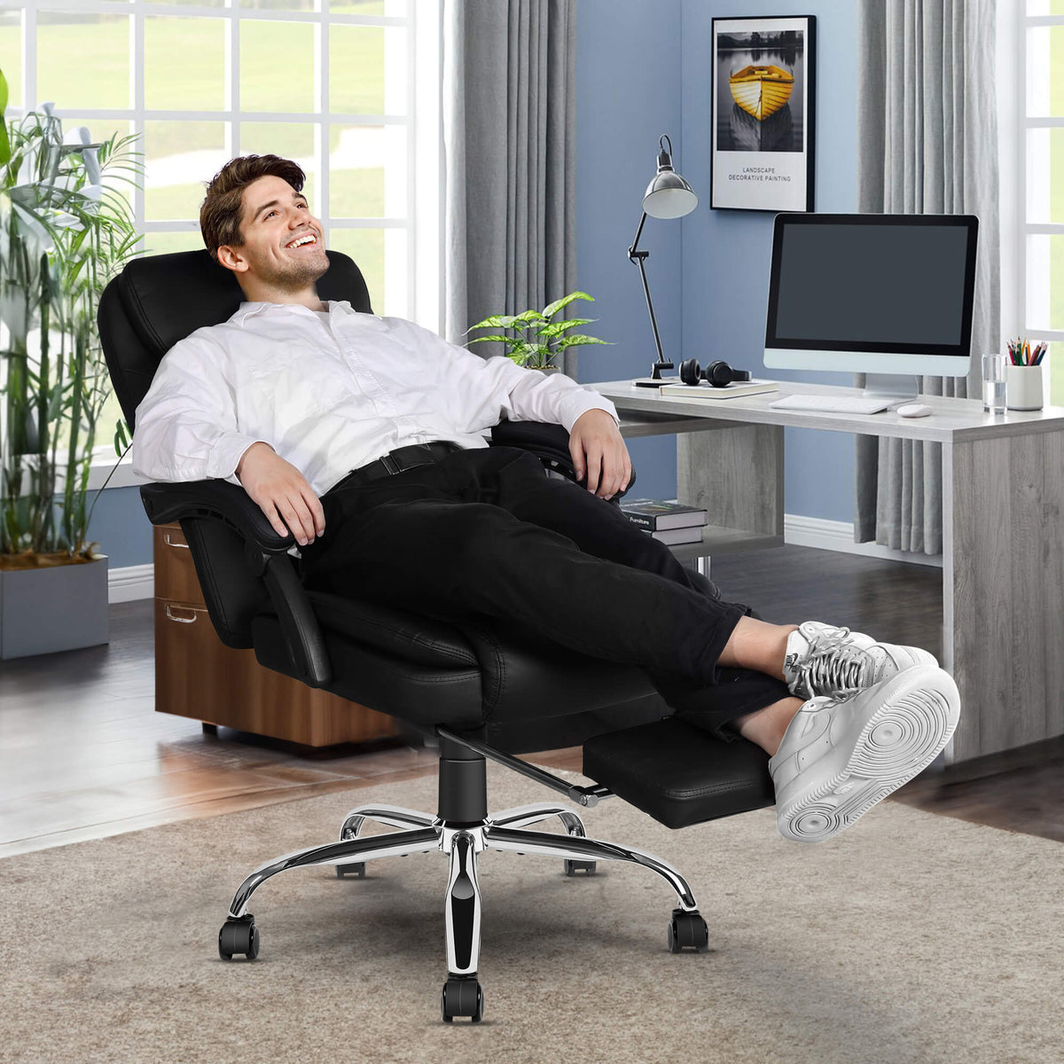 6-Point Massage Office Chair with Heating, Reclining Backrest, Footrest, Black