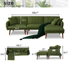 Convertible Sleeper Sectional Sofa Bed, Linen Futon Couch w/ 3-Level Adjustable Backrest, Storage Bag, Ottoman, Green