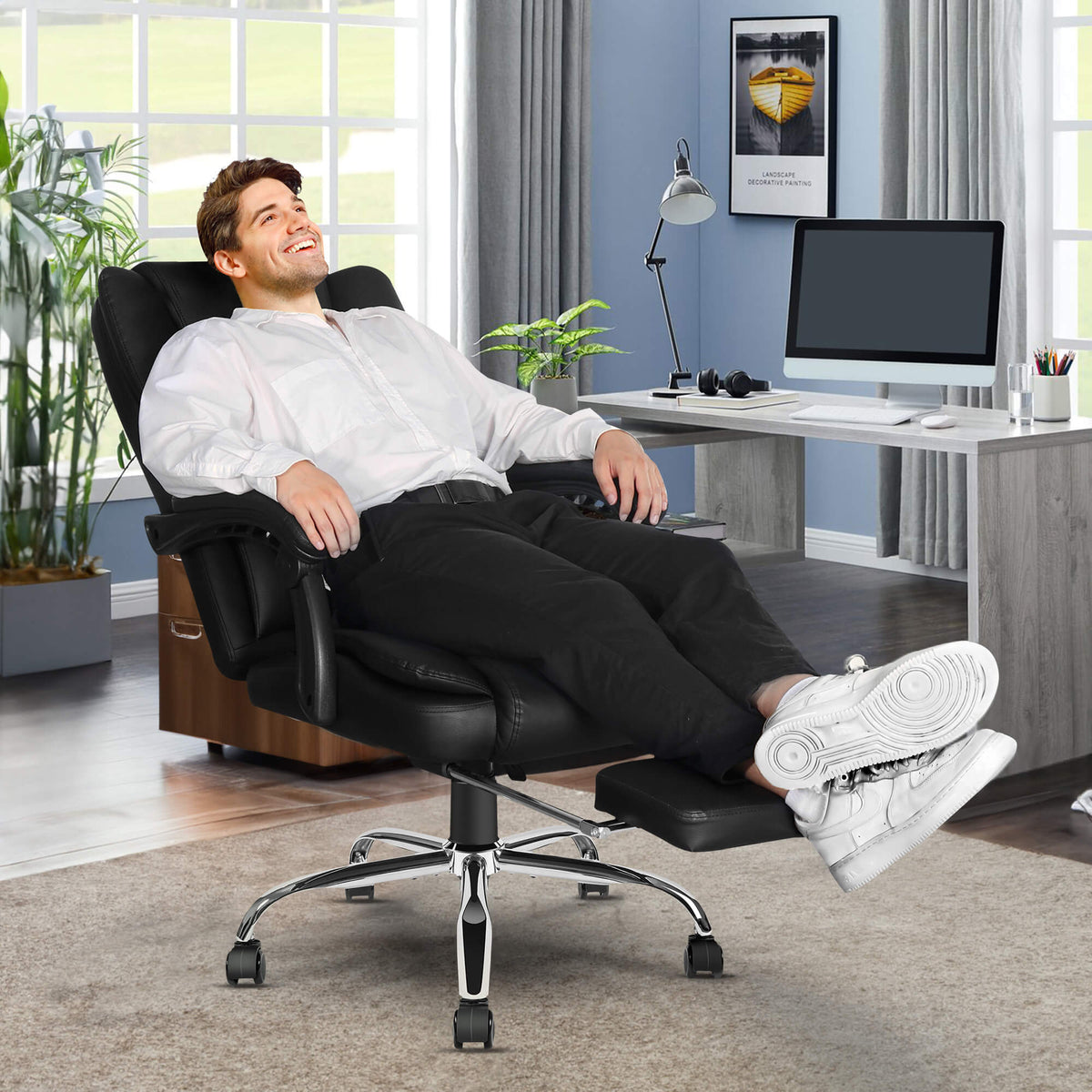6-Point Massage Heating Office Chair with Infinite Reclining Backrest, Retractable Footrest, Black