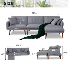Convertible Sleeper Sectional Sofa Bed, Linen Fabric Futon Couch w/ 3-Level Adjustable Backrest, Storage Bag, Ottoman, Grey