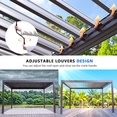 10x13ft Louvered Pergola Outdoor Aluminum Pergolas with Adjustable Roof, Curtain and Netting, Brown