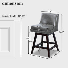 26” Counter Height Bar Stools Set of 2, Upholstered Island Chairs Stool Bar Chairs with 360° Swivel, Grey Leather