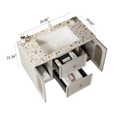 BAY 36" Bathroom Vanity with Sink, Modern Wall-Mounted Floating Plywood Bathroom Storage Cabinet with 2 Drawers and 2 Doors, Terrazzo Counter Top and White Ceramic Basin with Sink Hole Cover and Drain